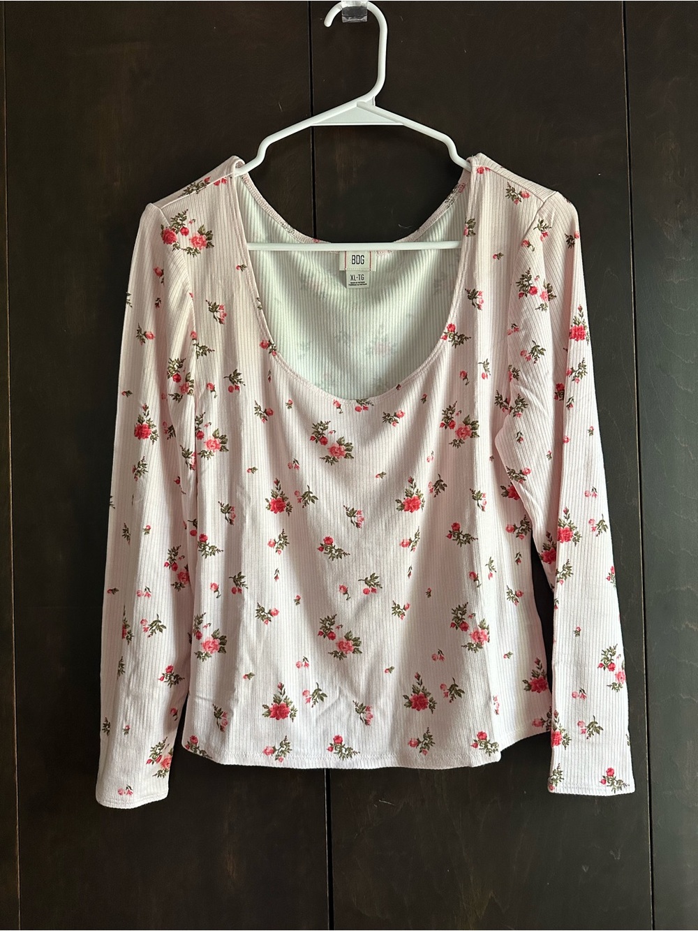 BDG Light Pink Floral Ribbed Scoop Neck Long Sleeve Tee